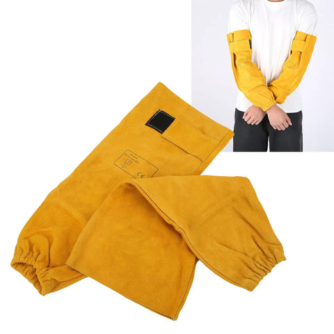 Badass Heat Resistant Cowhide Welding Sleeves Built Tough To Block Sparks Rock Solid Arm Protection For Mechanics And Daily Grind In Golden Yellow, showcased on a model.