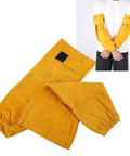 Heavy Duty Cowhide Welding Sleeves With Adjustable Buckle And Flame Retardant Leather Arm Guards in yellow, worn by a model.