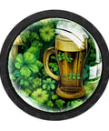Four Piece Round Cabinet Knobs With Screws For Kids Furniture, Sparkly Drawer Pulls with clover pattern and beer mug illustration.
