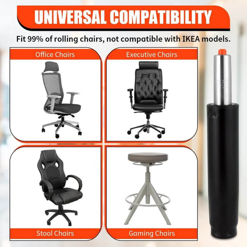 Heavy Duty Gas Lift Cylinder Replacement For Office And Gaming Chairs, 5.5 Inch Long Stroke shown with various chair types