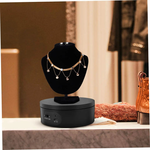 Levemolo Electric Rotating Turntable Display Stand For Jewelry And Watches with necklace on black velvet bust