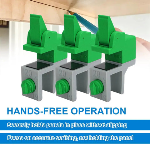 Hands-free operation of Slick Adjustable Scribe Jig And No Fuss Clamp Tool For Kitchen Cabinet Fillers and Wardrobe Carcasses.