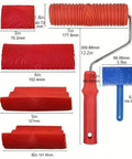 Top Shelf Wood Grain Texture Roller Kit With Comfy Ergonomic Grips For DIY Wall Makeovers featuring various red rubber rollers and blue brush.