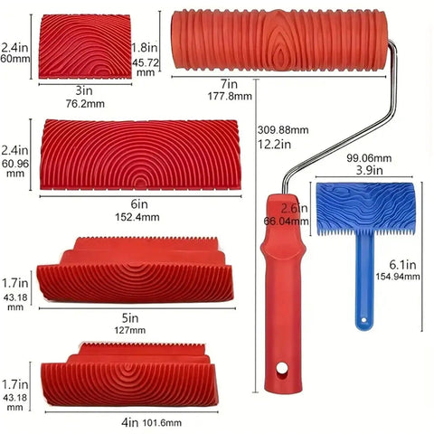 Top Shelf Wood Grain Texture Roller Kit With Comfy Ergonomic Grips For DIY Wall Makeovers featuring various red rubber rollers and blue brush.