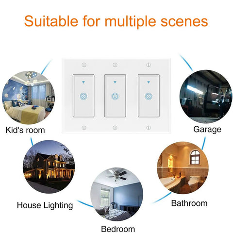 Smart WiFi Light Switch 3 Gang Works With Alexa Google Home And IFTTT No Hub Needed Voice Or Remote Control Single Pole Only Neutral Wire Needed For Installation displayed with room examples