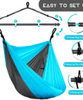 Sky Blue and Dark Gray Outdoor Hanging Swing Chair for Adults with setup instructions showing connection and hanging steps.