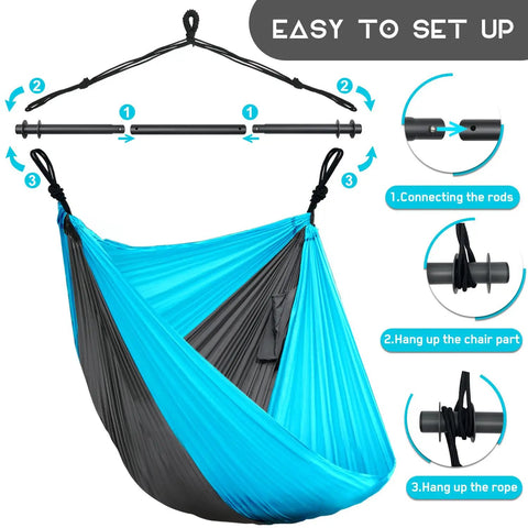 Sky Blue and Dark Gray Outdoor Hanging Swing Chair for Adults with setup instructions showing connection and hanging steps.