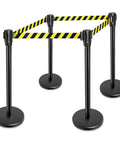 Stanchions Set Of 2, 36-Inch High, 6.5-Foot Retractable Belt, Boss-Grade Heavy-Duty Steel With Black Powder Coat, Hazard Pattern Crowd Control Posts For Events And Venues.