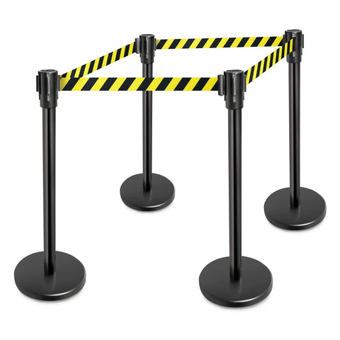 Stanchions Set Of 2, 36-Inch High, 6.5-Foot Retractable Belt, Boss-Grade Heavy-Duty Steel With Black Powder Coat, Hazard Pattern Crowd Control Posts For Events And Venues.