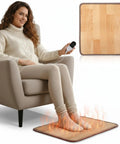 Woman using Cozy Foot Warmer Heated Floor Mat With 110V PVC Design 10 Temperature Settings From 45 To 131 Degrees under desk