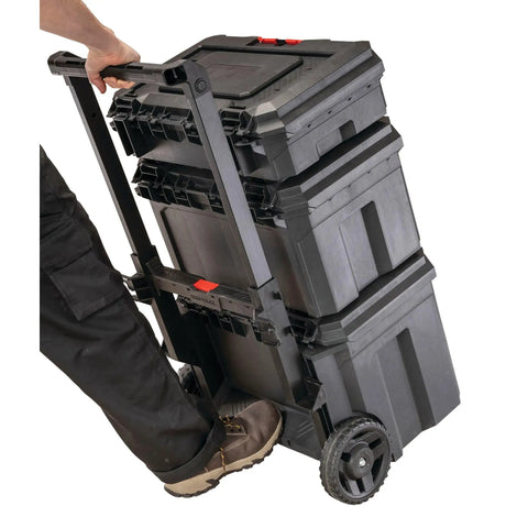 Person transporting TradeStack Rolling Tool Box With Wheels IP65 Waterproof And Stackable Portable Chest, durable plastic storage, 22.5 inch