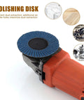 Zirconia Flap Sanding Wheels 3 Inch Grinder Discs With Fused Alumina For Metal Polishing on tool, showcasing blue sanding disc.