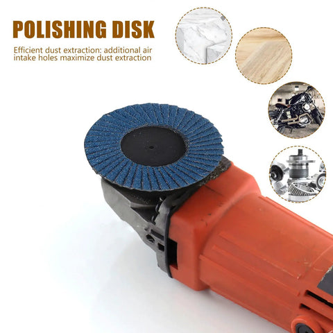 Zirconia Flap Sanding Wheels 3 Inch Grinder Discs With Fused Alumina For Metal Polishing on tool, showcasing blue sanding disc.