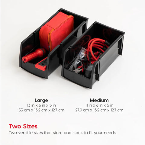 Large Stackable Plastic Shelf Bins 8 Pack Open Front Organizer For Parts Tools Hardware Pantry Garage 13 Inch Long By 6 Inch Wide By 5 Inch High Made In USA Black, shown with cables and tools