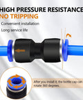 60 Piece 1 Quarter Inch Push To Connect Air Hose Fittings Quick Release Pneumatic Kit With 15 Splitters 15 Elbows 15 Tees And 15 Straights For Air Lines Durable Plastic Construction. Close-up of blue air hose connected with black fitting showing rotation feature and ease of installation.