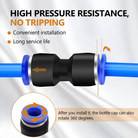 60 Piece 1 Quarter Inch Push To Connect Air Hose Fittings Quick Release Pneumatic Kit With 15 Splitters 15 Elbows 15 Tees And 15 Straights For Air Lines Durable Plastic Construction. Close-up of blue air hose connected with black fitting showing rotation feature and ease of installation.