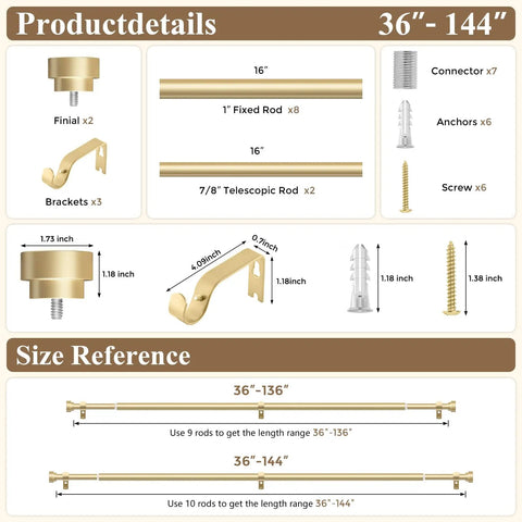 Gold Curtain Rod Set For Windows 72 To 144 Inches Telescoping 1 Inch Diameter Heavy Duty Adjustable Drapery Rods With Brass Gold Finish Modern Decorative Finials And Included Brackets Connectors Screws product details and size reference diagram