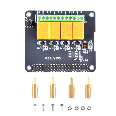 Top view of 4 Channel Relay Module for Raspberry Pi High Voltage Switching Board Plug and Play Home Automation Add On with connectors
