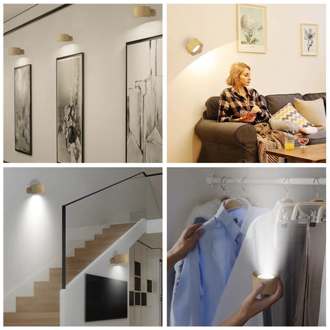 Rechargeable Wall Sconce LED Reading Light with 360 Degree Rotation and Magnetic Mount used in living room and wardrobe settings