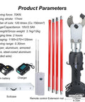 Beefy Heavy Duty 70 KN Electric Hydraulic Cable Cutter With Extension Rod And LED Display Cordless Portable Wire Cutting Tool For 30mm Copper Aluminum Armored Cable Fast Clean Cuts, shown with accessories.