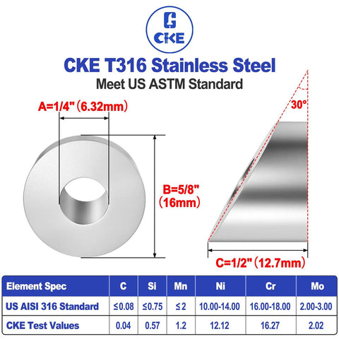 Diagram of Angled Beveled Washer Set for Cable Railing, Fifty Pack, One Quarter Inch ID, 30 Degree Angle, T316 Stainless Steel