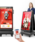 Street Smart 43 Inch Outdoor Double Sided Digital Signage shows vibrant ads, portable with user holding phone for sync.