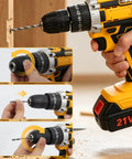 Rugged 21V Cordless Drill Kit Featuring Rechargeable Batteries And Quick Release Keyless Chuck for easy bit changes during assembly.