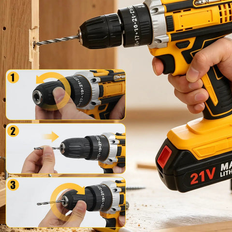 Rugged 21V Cordless Drill Kit Featuring Rechargeable Batteries And Quick Release Keyless Chuck for easy bit changes during assembly.