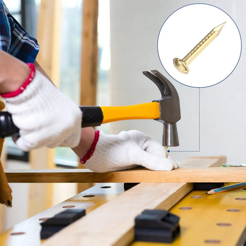 Person using a hammer to drive a tiny brass nail into wood, showcasing 100 Pack Tiny Brass Nails 1.2 Mm X 10 Mm Round Head Precision Hardware For Woodworking Diy Crafts Picture Hanging Rust Proof Corrosion Resistant Household Fixing Straight Up Killer Hardware That Never Flops.