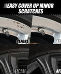 Before and after of Matte Black Rim Touch Up Paint Kit for Curb Rash And Wheel Scratches, Quick And Easy DIY Rim Repair.