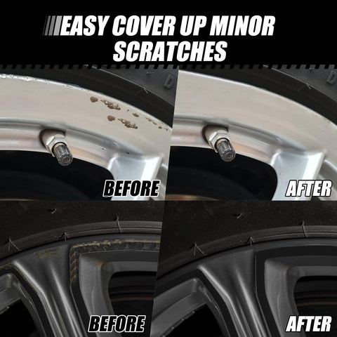 Before and after of Matte Black Rim Touch Up Paint Kit for Curb Rash And Wheel Scratches, Quick And Easy DIY Rim Repair.