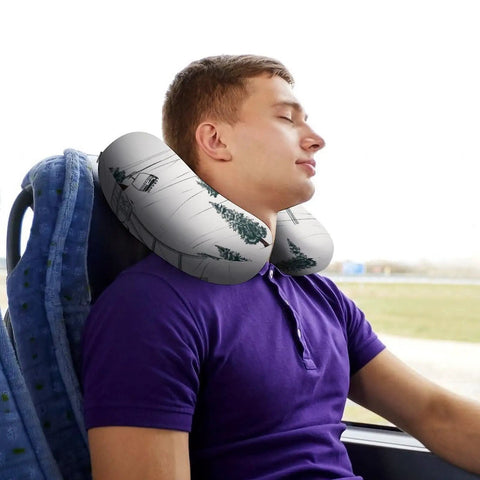 Man sleeping on bus with U Shaped Travel Neck Pillow For Long Flights And Road Trips, Ergonomic Cervical Support Cushioned Head And Neck Rest