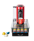 Nespresso Pod Drawer Organizer With Crystal Tempered Glass Tray Holds 40 Vertuo Pods Clear Coffee Capsule Storage On Kitchen Counter Multi Pod Holder For Capsules Neat Easy Access Durable Kitchen Gadget with red coffee machine and capsules visible.