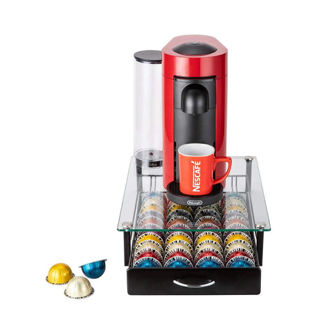 Nespresso Pod Drawer Organizer With Crystal Tempered Glass Tray Holds 40 Vertuo Pods Clear Coffee Capsule Storage On Kitchen Counter Multi Pod Holder For Capsules Neat Easy Access Durable Kitchen Gadget with red coffee machine and capsules visible.
