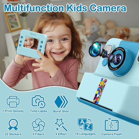 Instant Print Camera For Kids 3 To 12 Blue Inkless Selfie Toy With Printing Paper And 5 Colored Pens Great For DIY Photo Crafts Scrapbooks And Kid Friendly Gift, child holding camera