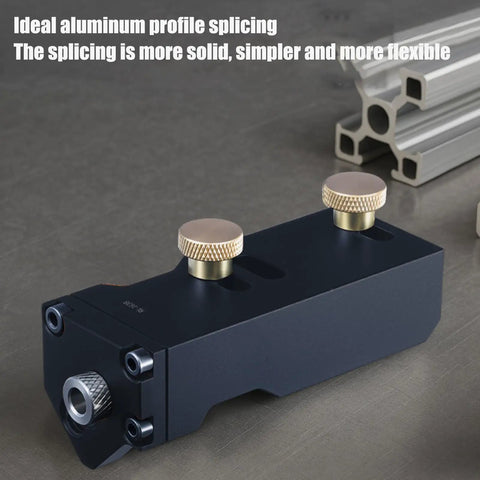 Top Shelf Aluminum Extrusion Tap Guide With Universal Multi Size Adapter For Precision Thread Tapping And Drill Jig Alignment. Close-up view of rugged alloy housing with brass knobs.