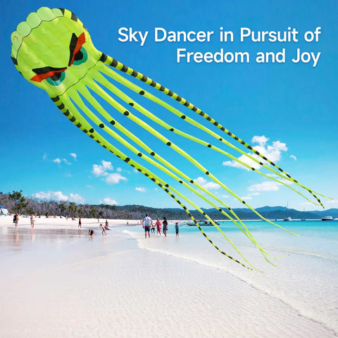 Totally Ultra Large 26ft 3D Octopus Foil Kite With 1000D String soaring over a sandy beach with a blue sky backdrop.