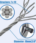 Heavy Duty Zipline Cable Three Eighths Inch Stainless Steel Wire Rope For Backyard Zipline Hoist Lifts Pulley Wheels Boat Lifts And Gear 12000 Lbs Breaking Strength One Meter Three Point Three Feet showing 7x19 construction and 10mm diameter.