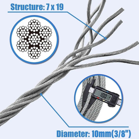 Heavy Duty Zipline Cable Three Eighths Inch Stainless Steel Wire Rope For Backyard Zipline Hoist Lifts Pulley Wheels Boat Lifts And Gear 12000 Lbs Breaking Strength One Meter Three Point Three Feet showing 7x19 construction and 10mm diameter.