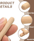 Close-up of Wooden Dowel Pins Three Sixteenths Inch By Thirteen Sixteenths Inch Straight Fluted Dowels For Crafts Furniture And Diy Projects In Hardwood 5mm By 20mm Pack Of 100 Dowels For Quick Solid Joints showing wood grain and beveled end.