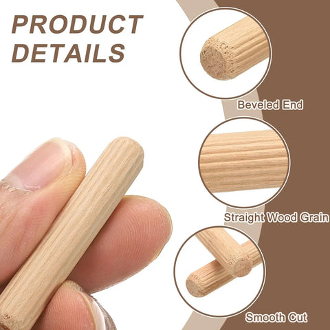 Top Shelf Hardwood Dowel Pins 3/16 Inch By 13/16 Inch Straight Wood Rods 60 Pack showing beveled ends and straight wood grain.