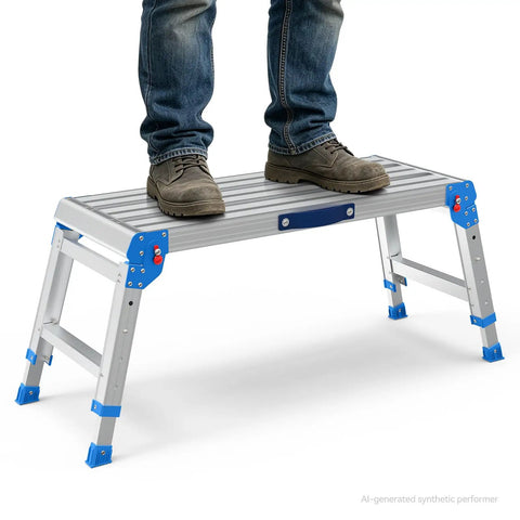 Heavy Duty Aluminum Work Platform Supports Up To 600 Lbs With One Touch Automatic Fold Stable On Steps With Reinforced Non Slip Top And Wide Legs Quick Two Step Fold No Tools Required For Diy And Pros, aluminum step platform with boots