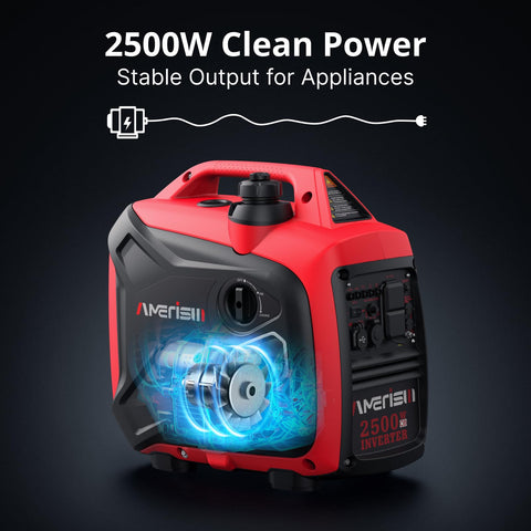 On The Go 2500W Inverter Generator For Camping And Home Use Super Quiet, Lightweight Gas Powered Generator in black and red