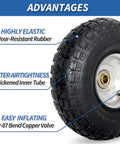 Close-up of a Ten Inch Pneumatic Tire And Wheel Set For Hand Trucks Trolleys Dollies And Garden Carts Two Pack With sealed bearings.
