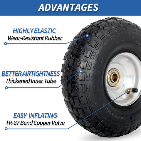 Close-up of a Ten Inch Pneumatic Tire And Wheel Set For Hand Trucks Trolleys Dollies And Garden Carts Two Pack With sealed bearings.