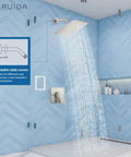 Brushed Nickel Rain Shower System With 8 Inch Square Showerhead, All In One Single Function 1 Handle Trim Kit installed in shower