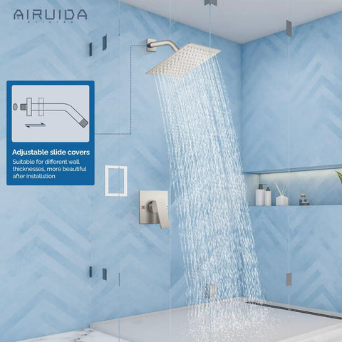 Brushed Nickel Rain Shower System With 8 Inch Square Showerhead, All In One Single Function 1 Handle Trim Kit installed in shower