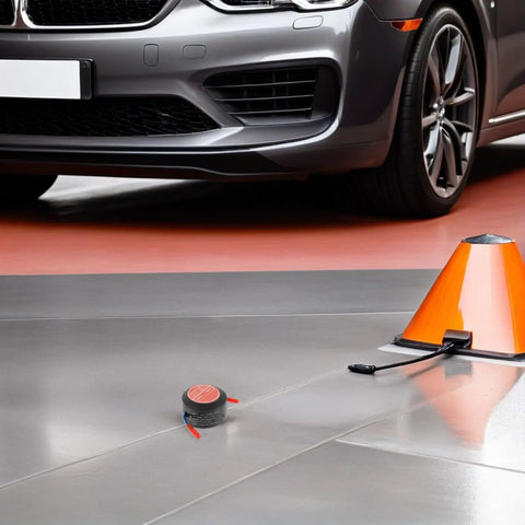 Compact Automatic Aerosol Fire Extinguisher Kit For Car Engines And Garages near a car, highlighting two self activating fire suppressors.
