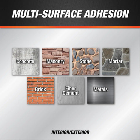 Multi-surface adhesion showing concrete, masonry, stone, mortar, brick, fiber cement, and metals for interior and exterior use.