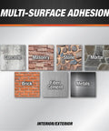 Multi-surface adhesion image showcasing concrete, masonry, stone, mortar, brick, fiber cement, and metals.